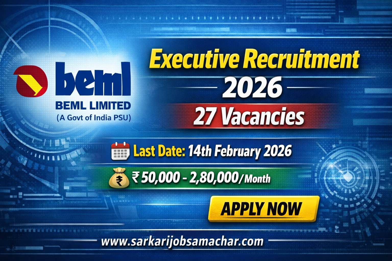 BEML Limited Recruitment 2026 for Executives in Engineering, Finance, HR & Manufacturing